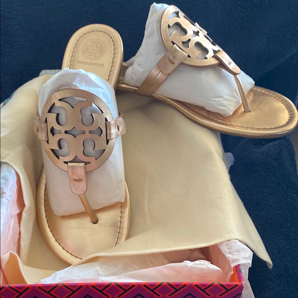 Tory Burch Rose Gold Thong Sandals with Medallion